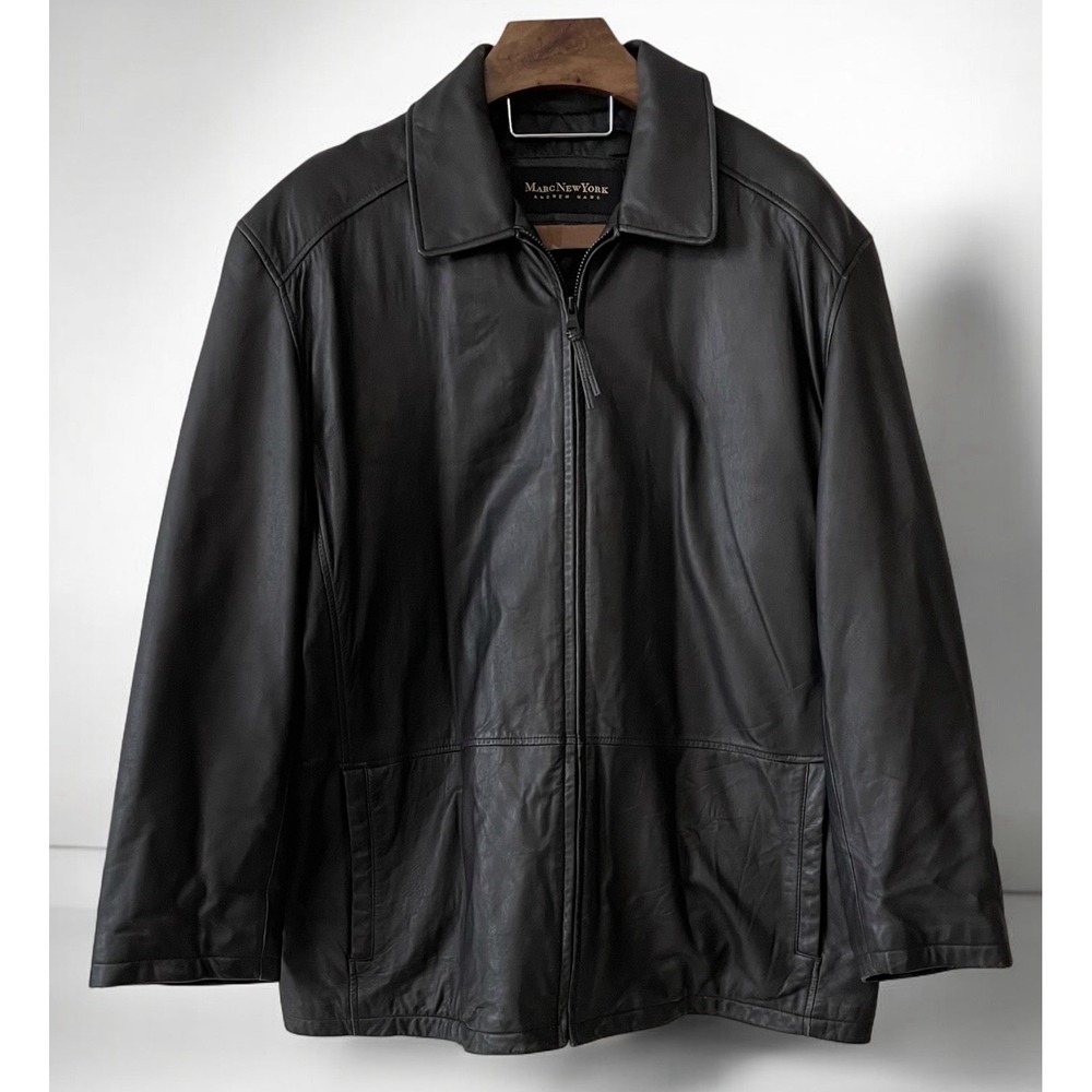 Marc New York‎ Mens Black Lamb Leather Full Zip Collared Bomber Jacket Lined XL
